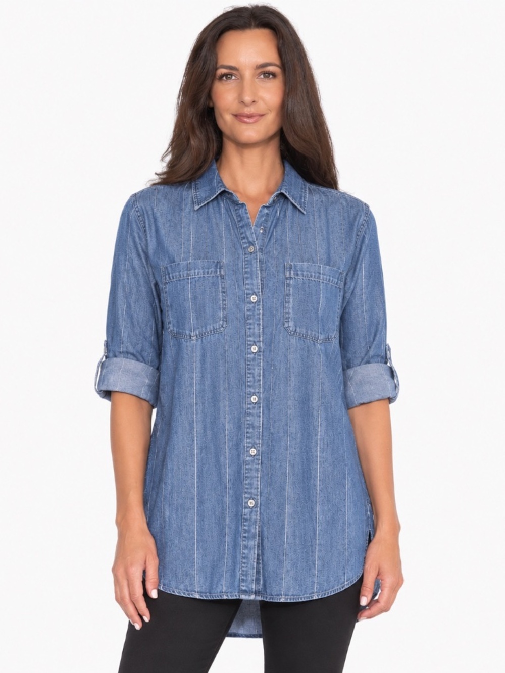 Side Stitch 100% Lyocell Denim Pinstripe Tunic Shirt Dress Blue Women Size M